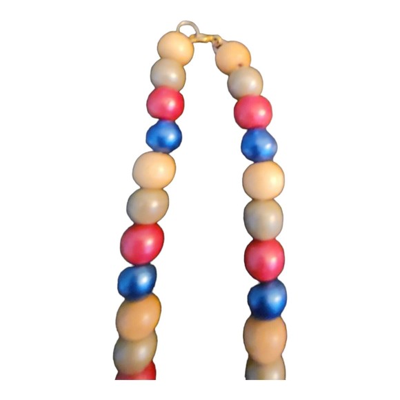 Vintage Wooden Bead Necklace 24" Blue Red Natural Gray Gold 4th Of July - Picture 4 of 4